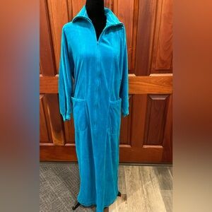 Vintage Sakowitz KEYLOUN House Coat Robe Aqua Blue Velour Size Petite